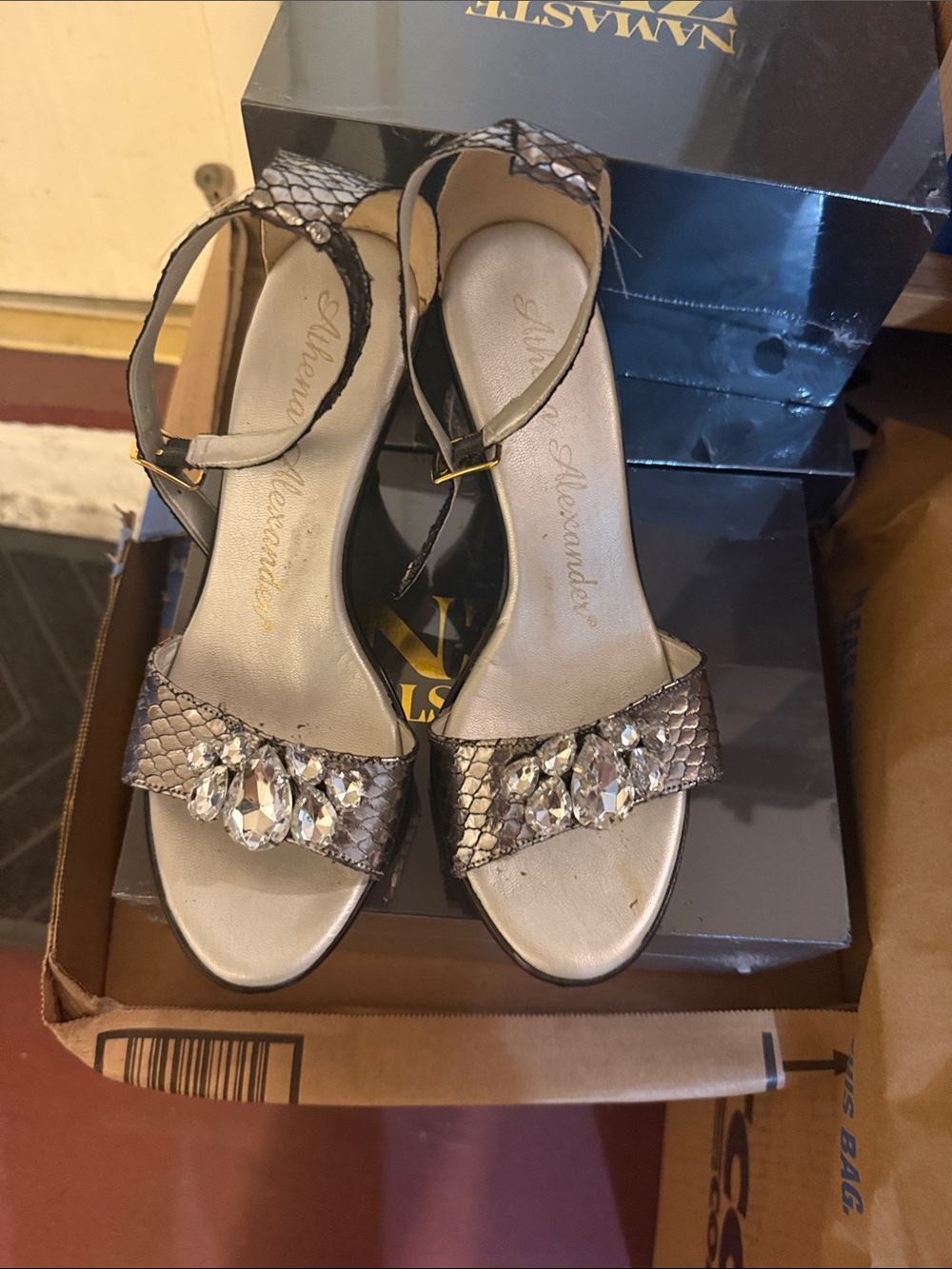 Metallic Jeweled Snake-Print Women's Sandals - Silver